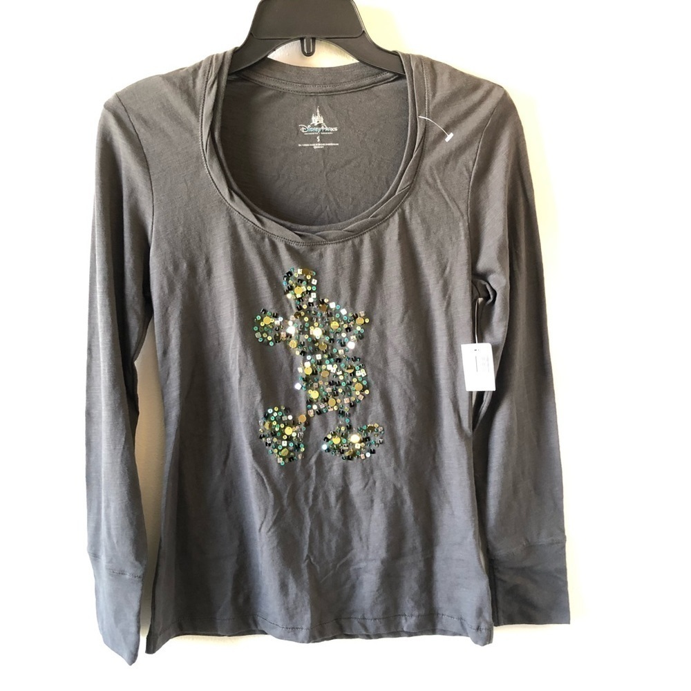 Disney Parks Gray Micky Mouse Sequins Long Sleeve Tee S